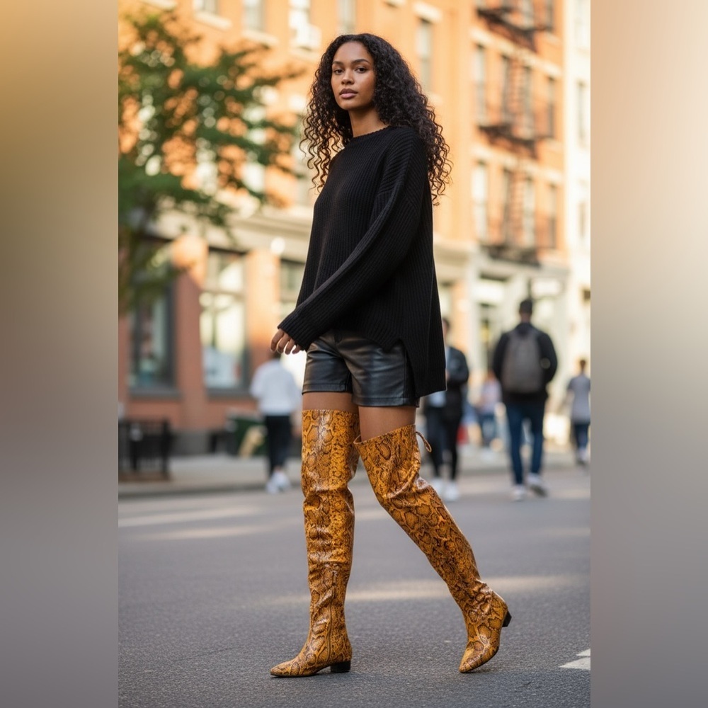 Source Unknown Mustard Snake-Print Over-the-Knee Boots